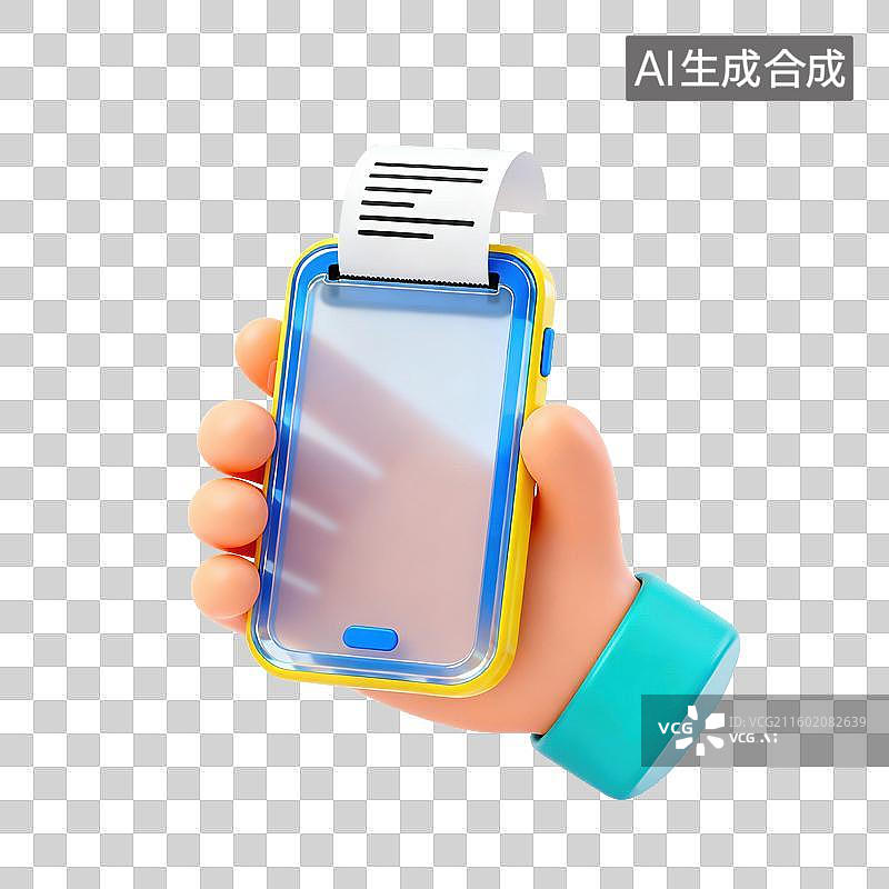 【AI数字艺术】3D磨砂玻璃材质手势手拿手机打印出账单收据元素图片素材