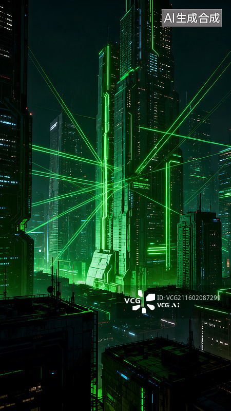 【AI数字艺术】赛博绿光都市群显未来科幻建筑之魅图片素材