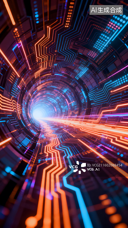 【AI数字艺术】炫彩电路隧道显未来科技传输之魅图片素材