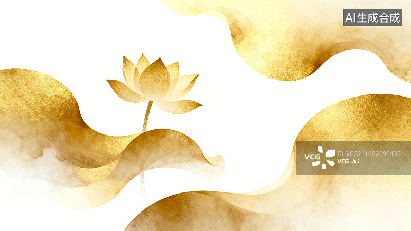 【AI数字艺术】金莲花在金色云纹背景中绽放，展现出优雅与宁静之美图片素材