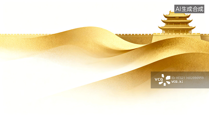 【AI数字艺术】金色波浪中矗立着一座传统中式建筑，周围山丘起伏图片素材
