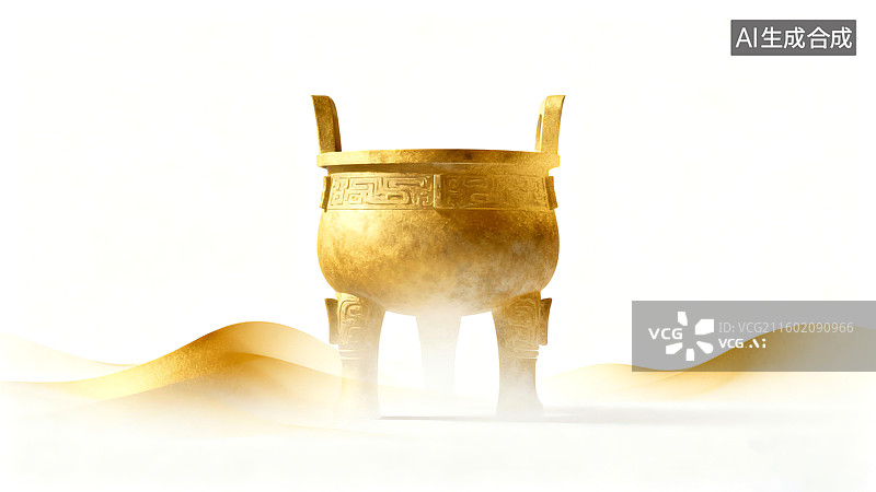 【AI数字艺术】金色青铜鼎文物图案，背景为流动的金色线条和白色渐变图片素材