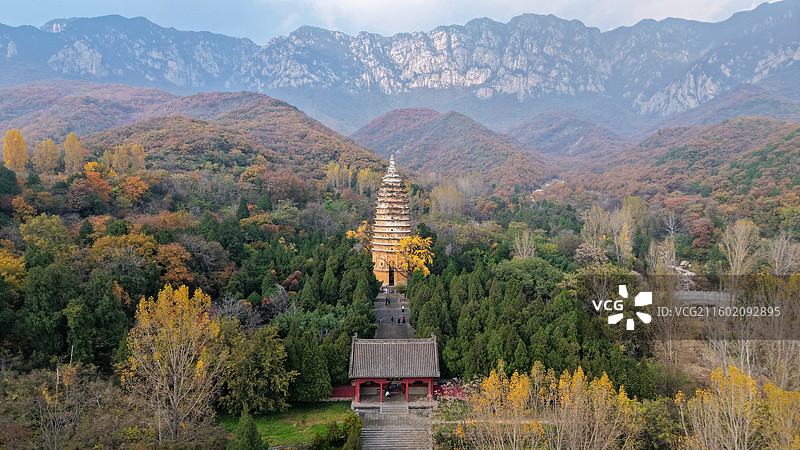 航拍河南登封嵩山脚下嵩阳景区嵩岳寺塔，嵩岳寺秋景，千年北魏古塔，密檐式砖塔，嵩山秋日风景图片素材