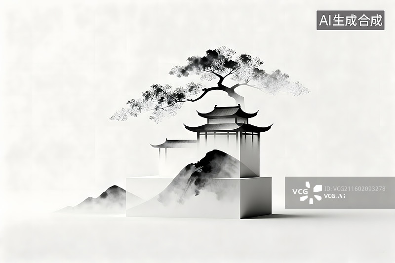 【AI数字艺术】极简新中式，水墨风园林建筑元素图片素材