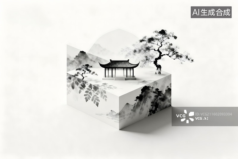 【AI数字艺术】极简新中式，水墨风园林建筑元素图片素材