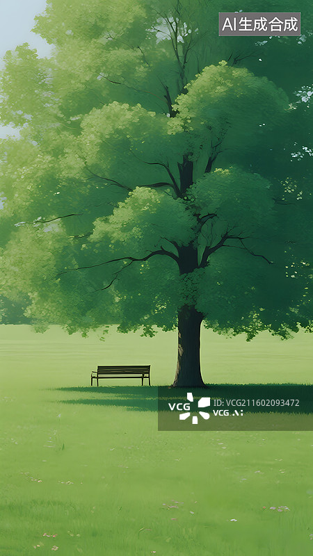 【AI数字艺术】油画风格，绿色的草地、茂密的大树和椅子图片素材