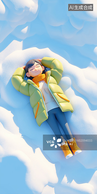 【AI数字艺术】躺在雪地的穿彩色羽绒服可爱Q版女学生3D卡通人物插画图片素材