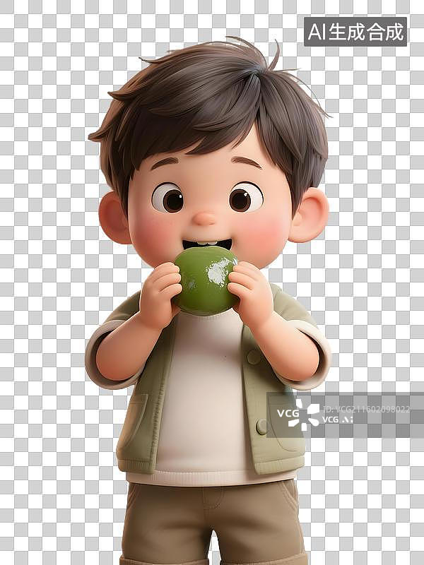 【AI数字艺术】AIGC:3D卡通吃青团的男孩图片素材