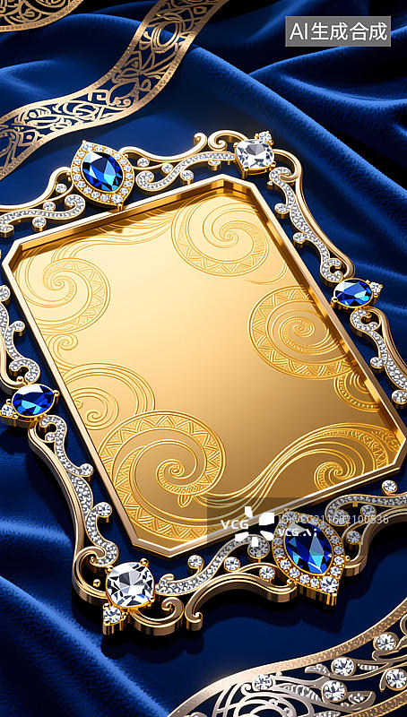 【AI数字艺术】金色和蓝色的华丽边框中的方形物体。图片素材