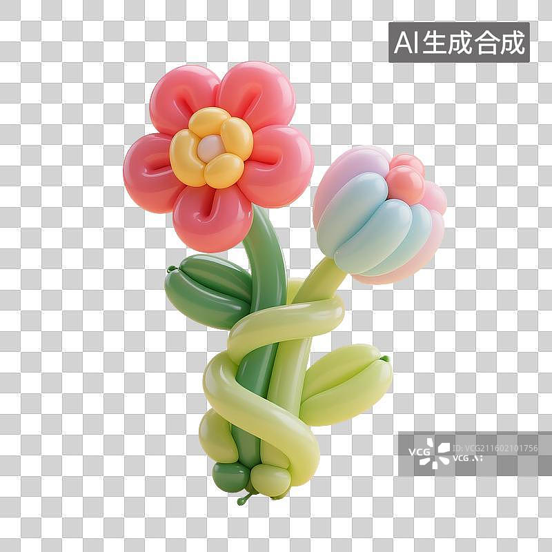 【AI数字艺术】3D渲染，充气膨胀风格，气球，太阳花，彩色花朵，，可爱的卡通植物花卉免抠元素图片素材