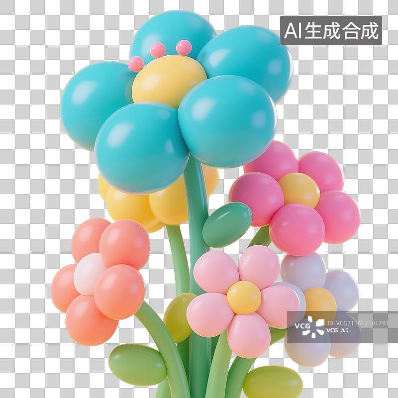【AI数字艺术】3D渲染，充气膨胀风格，气球，太阳花，彩色花朵，，可爱的卡通植物花卉免抠元素图片素材