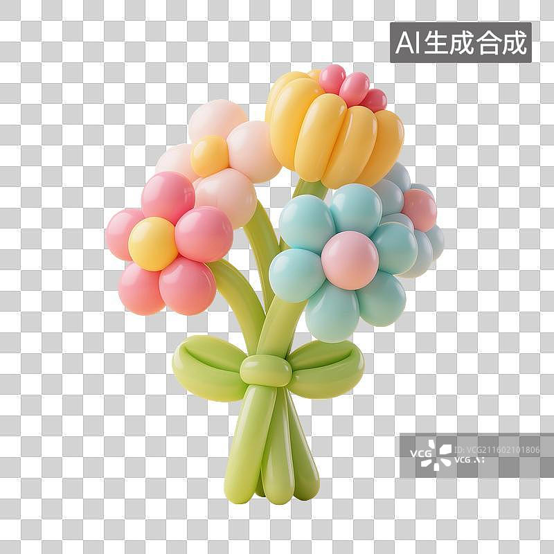 【AI数字艺术】3D渲染，充气膨胀风格，气球，太阳花，彩色花朵，，可爱的卡通植物花卉免抠元素图片素材