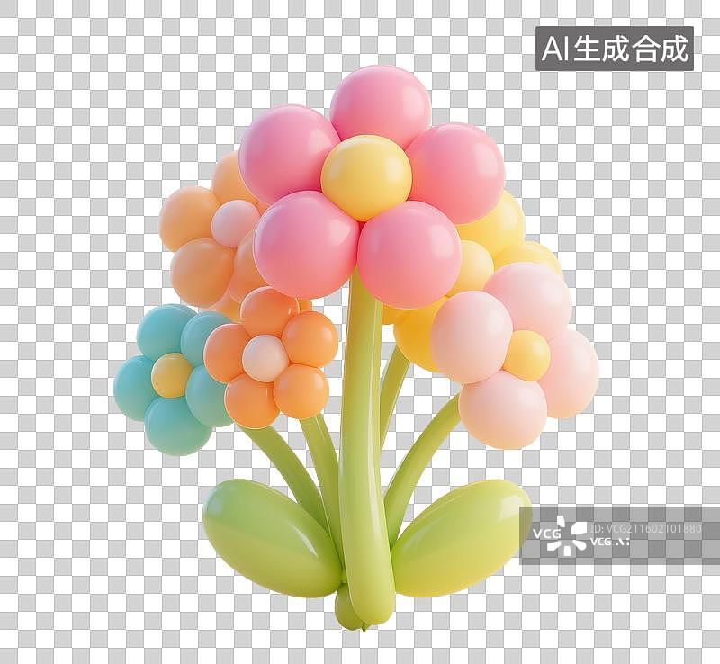 【AI数字艺术】3D渲染，充气膨胀风格，气球，太阳花，彩色花朵，，可爱的卡通植物花卉免抠元素图片素材