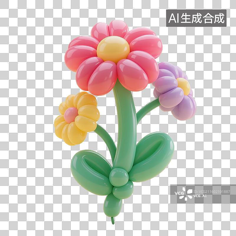 【AI数字艺术】3D渲染，充气膨胀风格，气球，太阳花，彩色花朵，，可爱的卡通植物花卉免抠元素图片素材