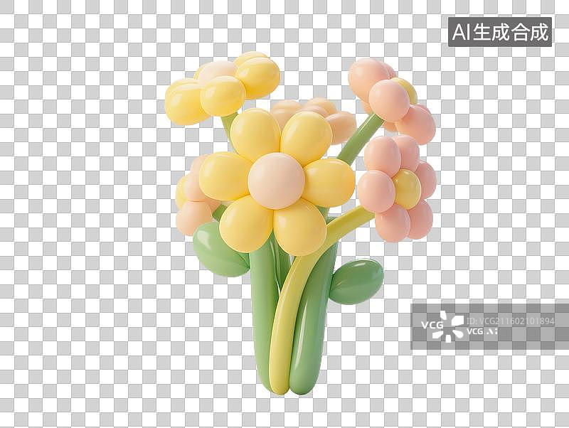 【AI数字艺术】3D渲染，充气膨胀风格，气球，太阳花，彩色花朵，，可爱的卡通植物花卉免抠元素图片素材