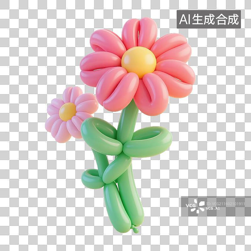 【AI数字艺术】3D渲染，充气膨胀风格，气球，太阳花，彩色花朵，，可爱的卡通植物花卉免抠元素图片素材