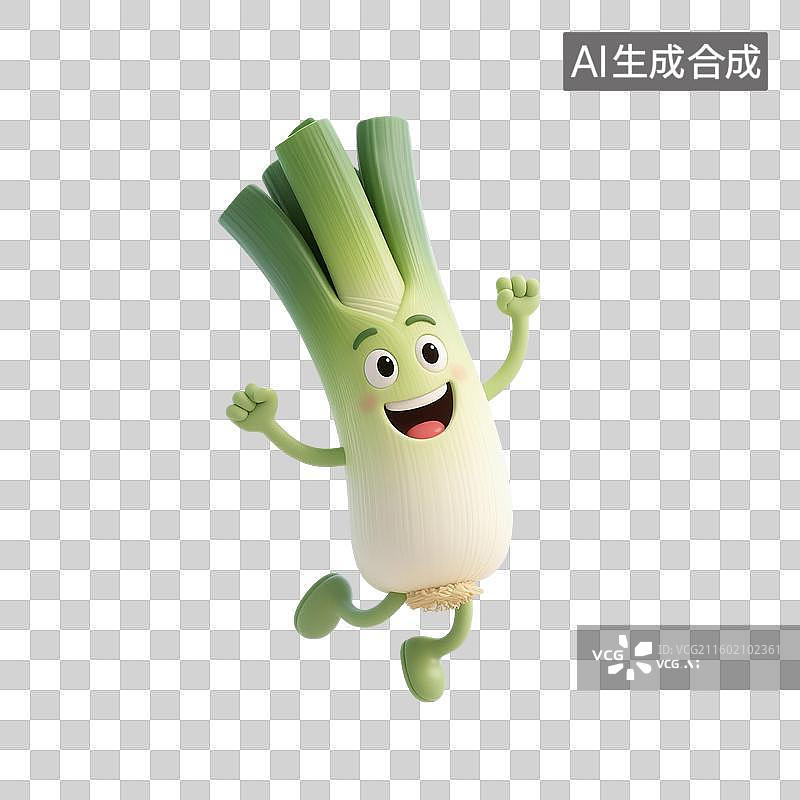 【AI数字艺术】3D渲染，卡通拟人大葱，一根葱，大葱，蔬菜免抠元素图片素材