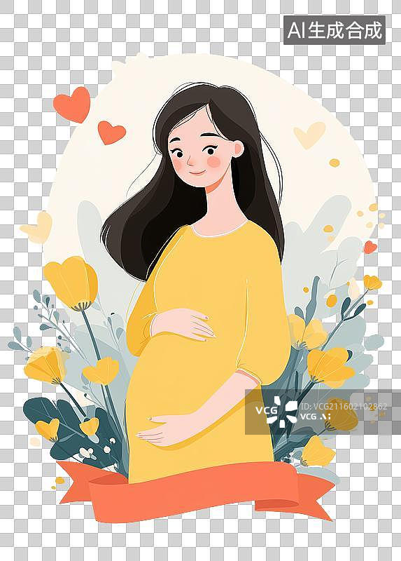 【AI数字艺术】孕妇手抚腹部，周围鲜花环绕图片素材