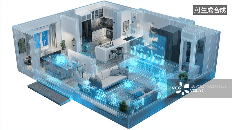 【AI数字艺术】智能家居系统三维透视图图片素材