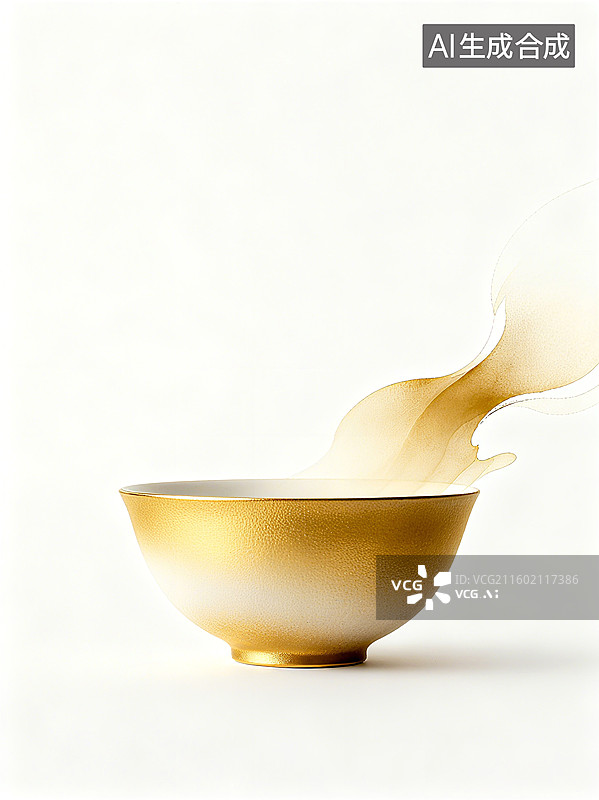 【AI数字艺术】金色水彩从茶杯中溢出，形成流动的金色蒸汽，背景为白色图片素材