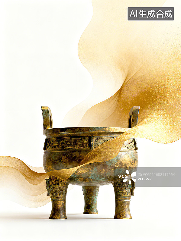 【AI数字艺术】青铜鼎上缠绕着金色丝带，背景为纯白色，整体画面简洁而富有艺术感图片素材
