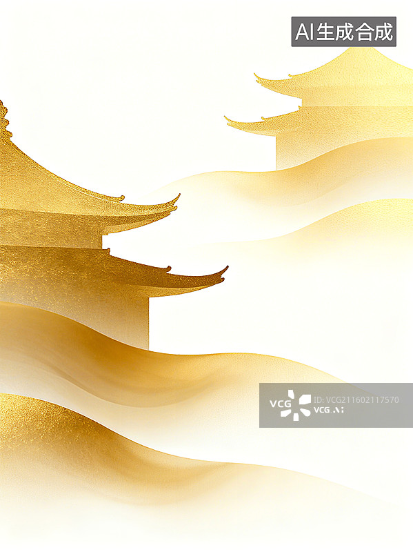 【AI数字艺术】金色波浪中隐约显现传统中式建筑屋顶轮廓，充满古典韵味图片素材
