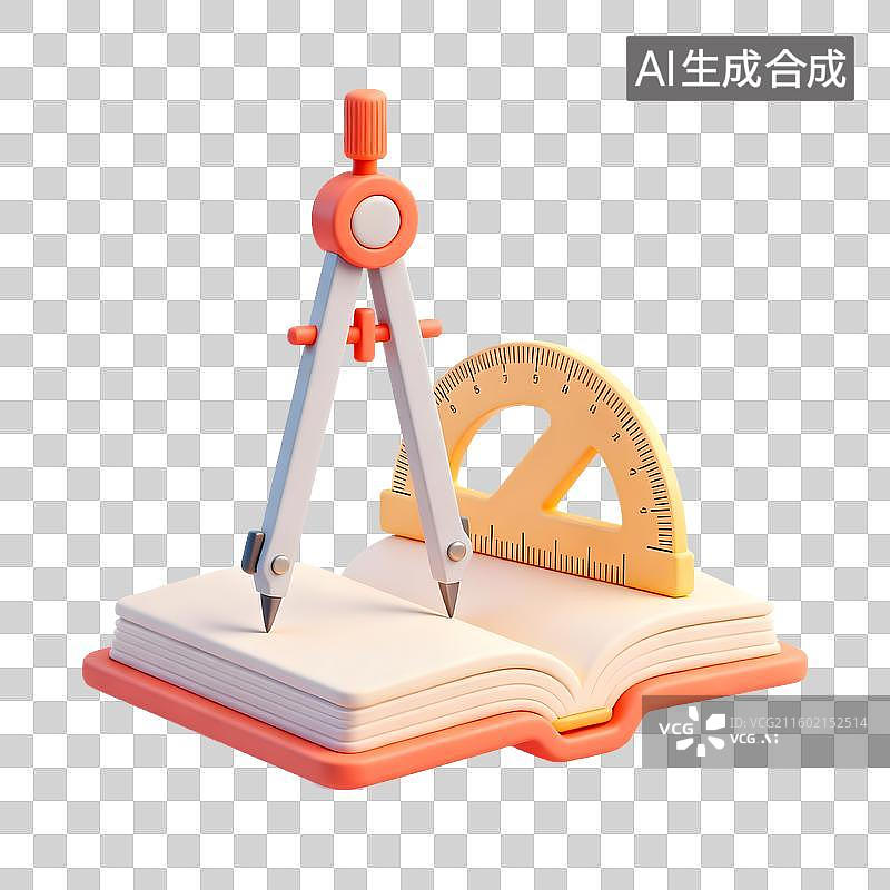 【AI数字艺术】书上的圆规和量角器3D卡通免抠元素图片素材