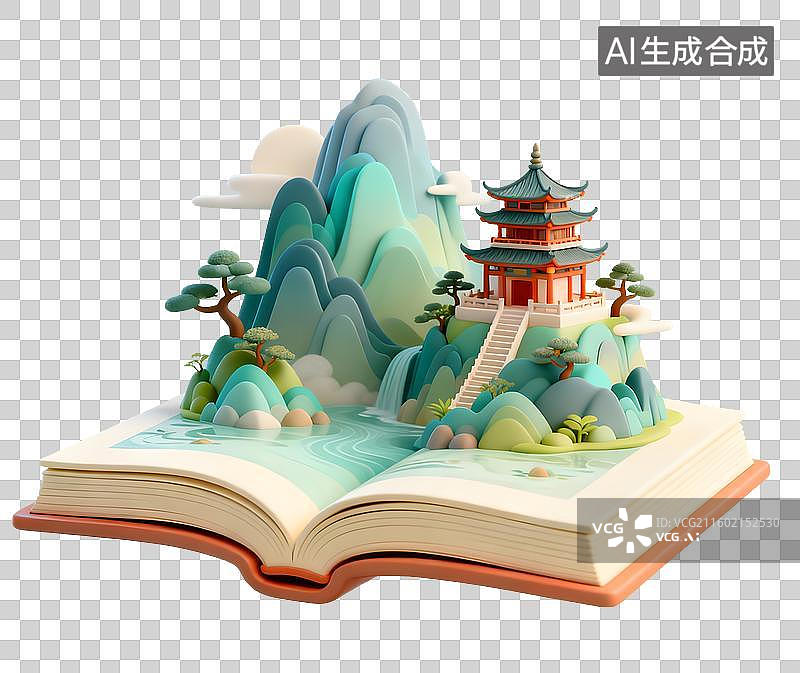 【AI数字艺术】书上立体的古风山水画3D卡通免抠元素图片素材