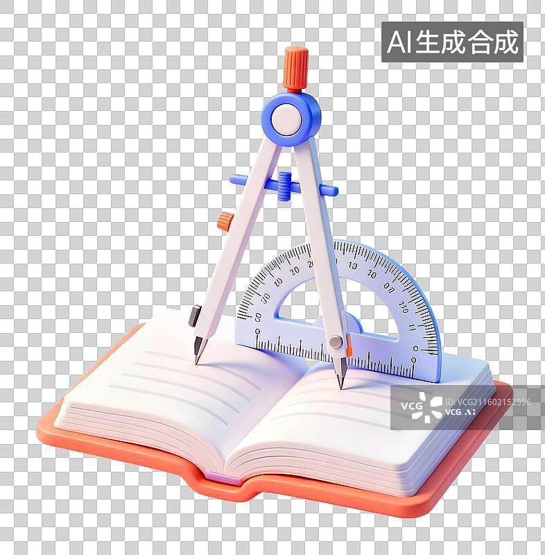 【AI数字艺术】书上的圆规和量角器3D卡通免抠元素图片素材