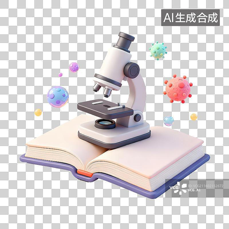 【AI数字艺术】书上的显微镜和细胞3D卡通免抠元素图片素材