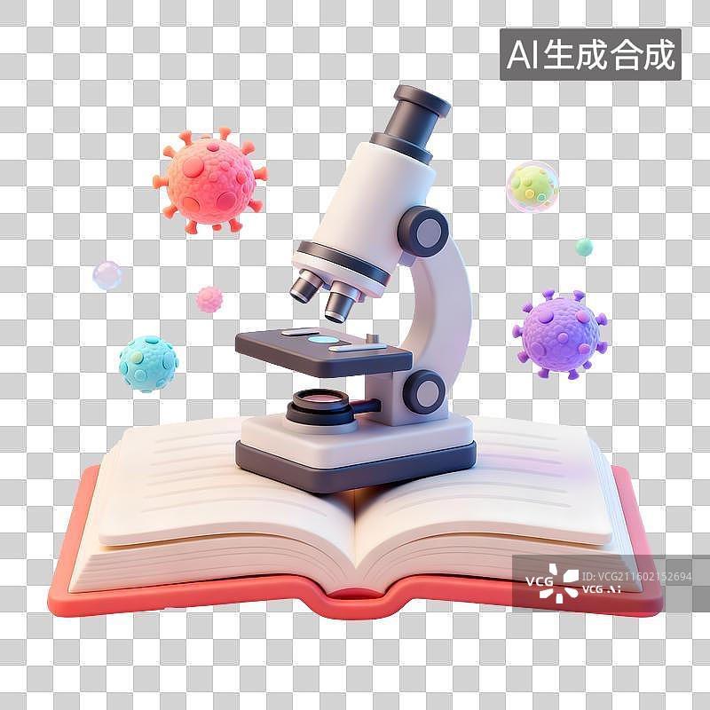 【AI数字艺术】书上的显微镜和细胞3D卡通免抠元素图片素材