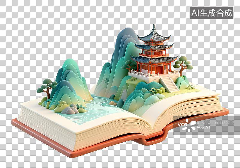 【AI数字艺术】书上立体的古风山水画3D卡通免抠元素图片素材