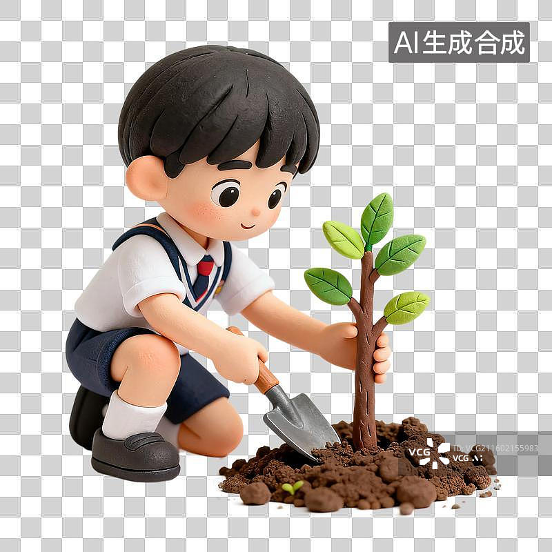 【AI数字艺术】小男孩在种植小树苗图片素材