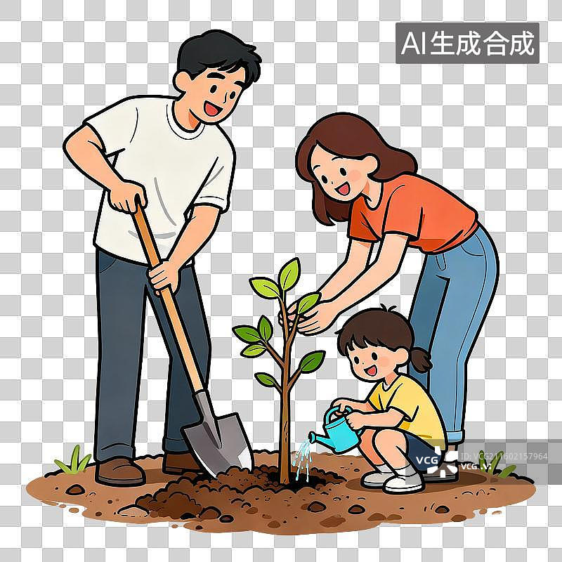 【AI数字艺术】家庭一起种植小树图片素材