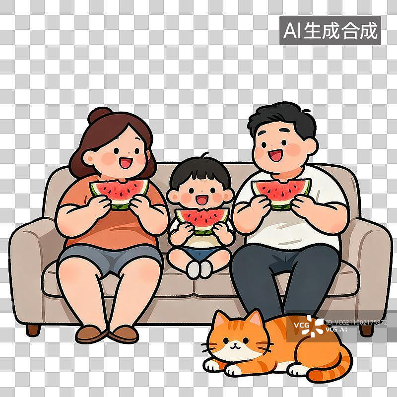 【AI数字艺术】一家人坐在沙发吃西瓜图片素材
