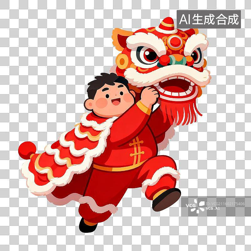 【AI数字艺术】传统节日中表演舞狮的男孩图片素材