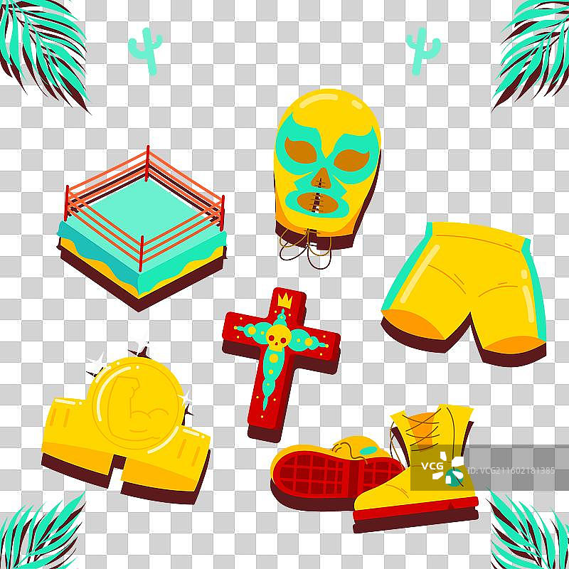 扁平化设计的墨西哥摔跤手元素集合图片素材