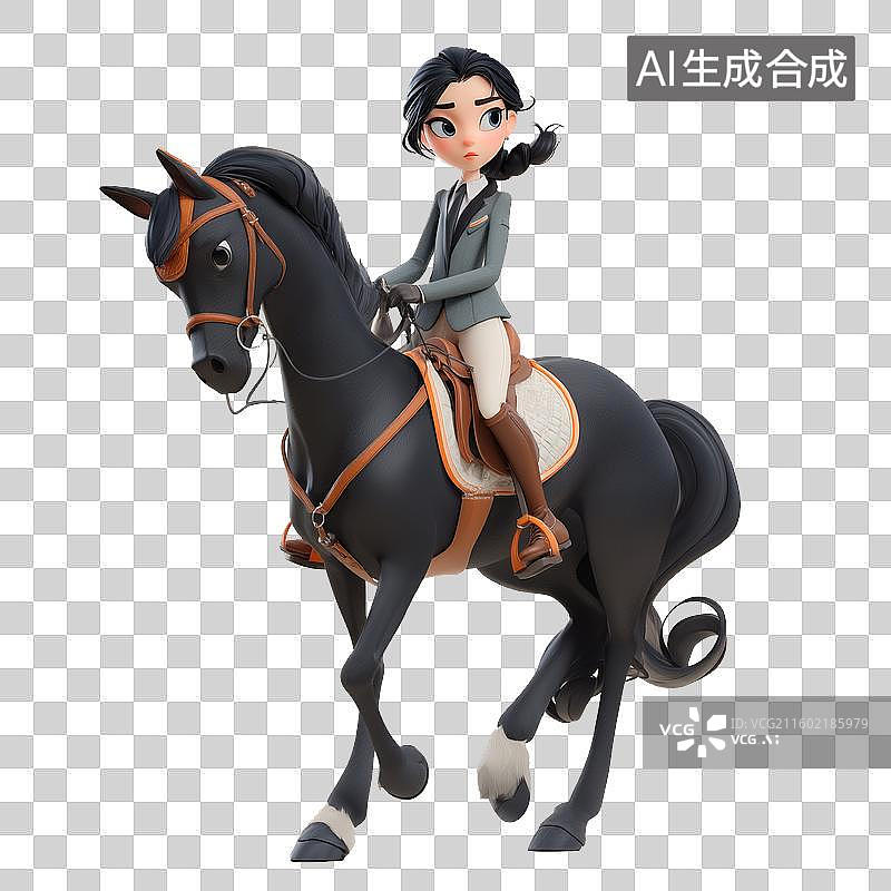 【AI数字艺术】3D卡通风格可爱马术女孩骑手骑黑色骏马运动免抠元素透明底PNG图片素材