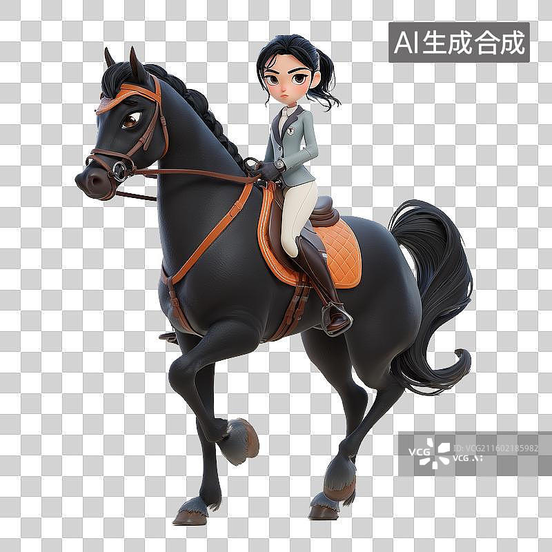 【AI数字艺术】3D卡通风格可爱马术女孩骑手骑黑色骏马运动免抠元素透明底PNG图片素材