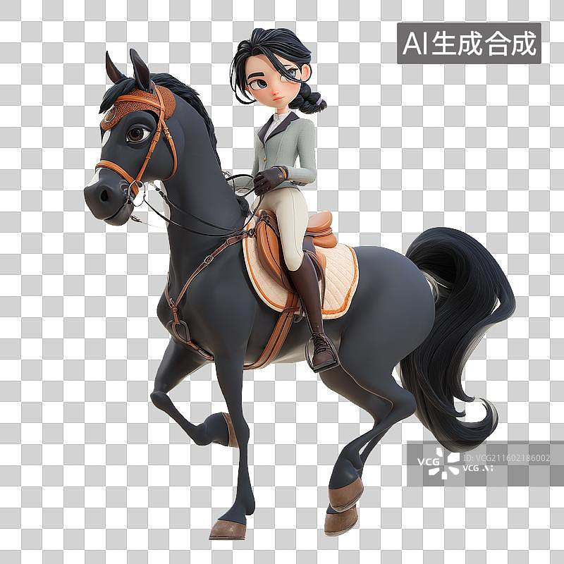 【AI数字艺术】3D卡通风格可爱马术女孩骑手骑黑色骏马运动免抠元素透明底PNG图片素材