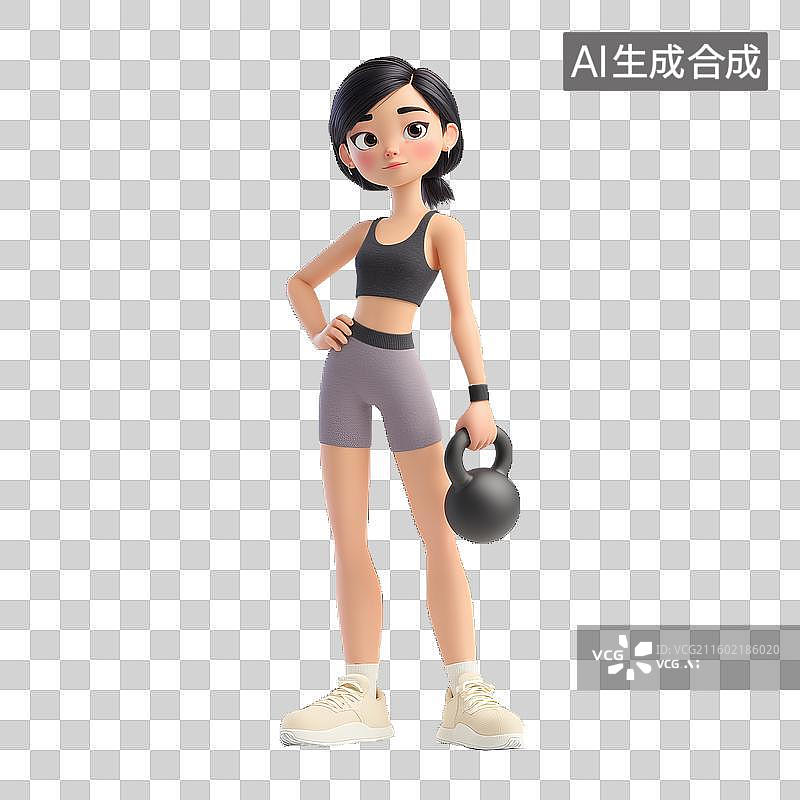 【AI数字艺术】3D卡通风格可爱健身女孩手拿壶铃运动塑形锻炼健康免抠元素透明底PNG图片素材