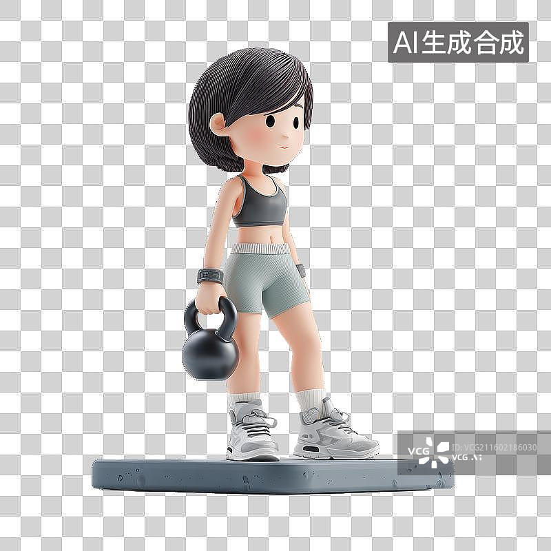 【AI数字艺术】3D卡通风格可爱健身女孩手拿壶铃运动塑形锻炼健康免抠元素透明底PNG图片素材