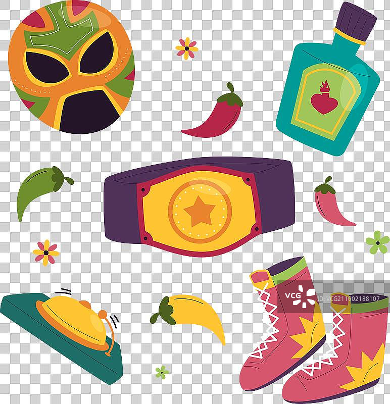 手绘墨西哥摔跤手元素集合图片素材