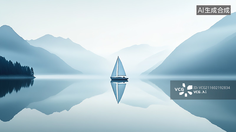 【AI数字艺术】国风极简山水中的孤舟插画图片素材