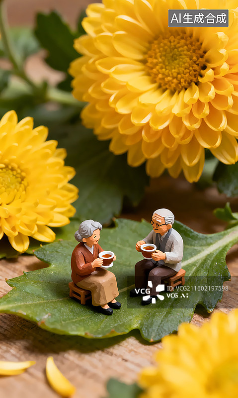 【AI数字艺术】秋天老年夫妻俩在叶子上赏菊花喝茶秋分节气三维图图片素材
