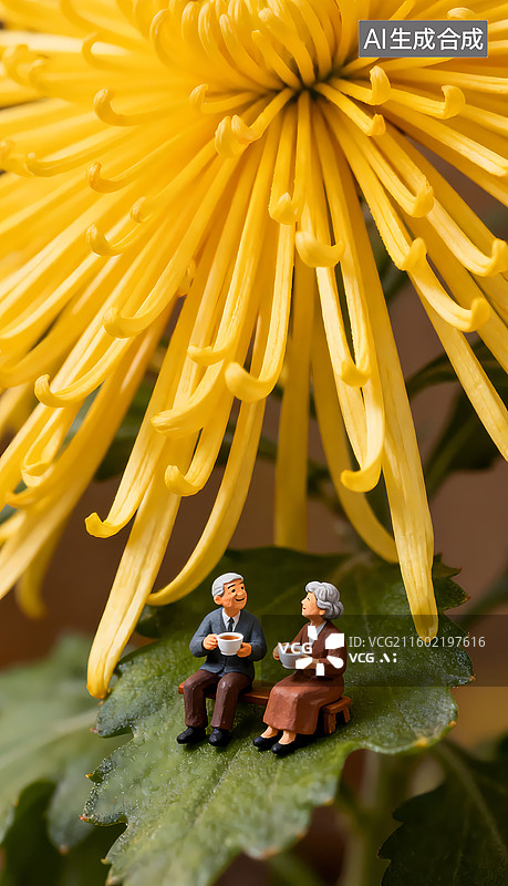 【AI数字艺术】秋天老年夫妻俩在叶子上赏菊花喝茶秋分节气三维图图片素材