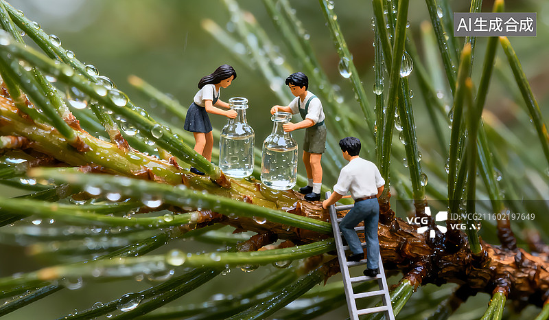 【AI数字艺术】三个人用梯子爬到松树上拿着瓶子接露水寒露节气三维图图片素材
