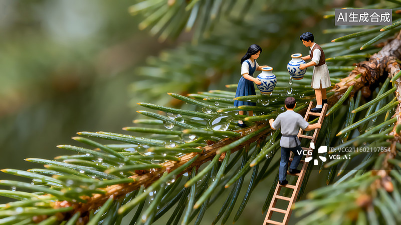 【AI数字艺术】三个人用梯子爬到松树上拿着瓶子接露水寒露节气三维图图片素材