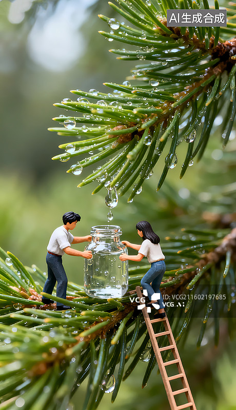 【AI数字艺术】两个人用梯子爬到松树上拿着瓶子接露水寒露节气三维图图片素材