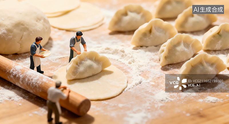 【AI数字艺术】三个人在擀面皮包饺子冬至春节新年移轴摄影三维图图片素材